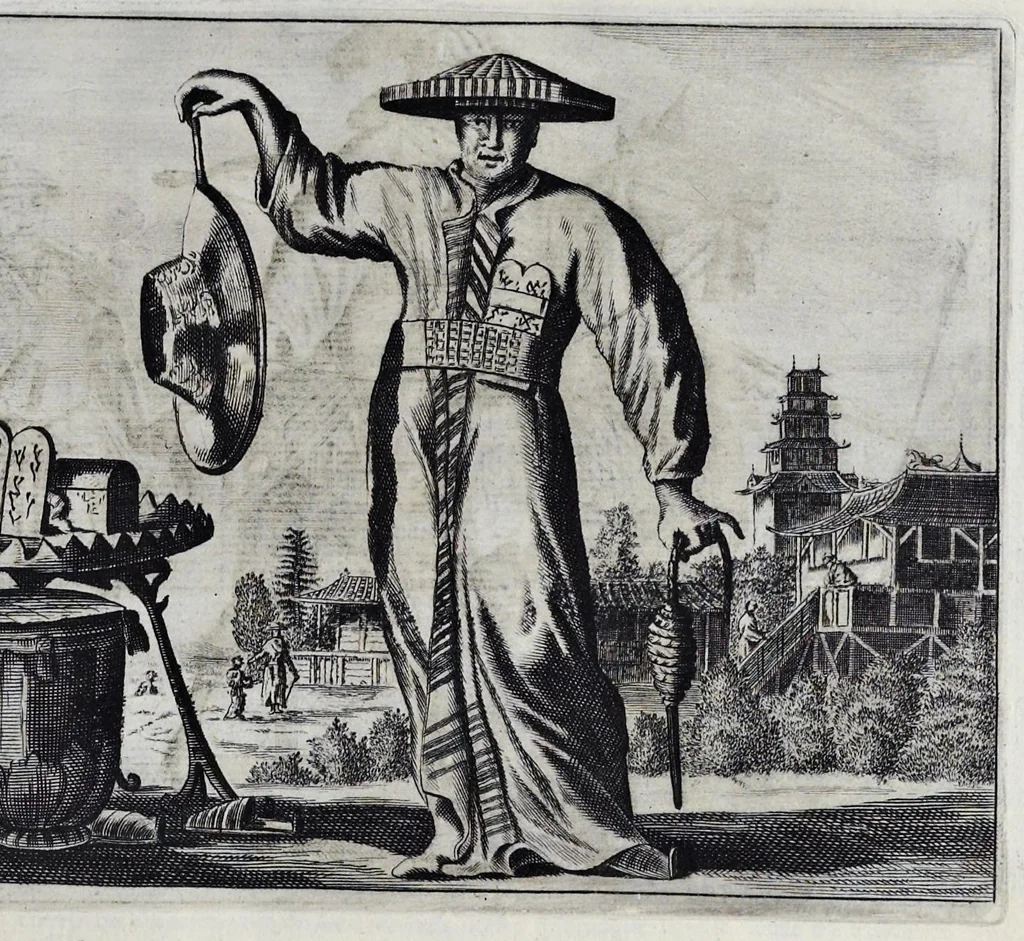An illustration from Gedenkwaerdige gesantschappen der Oost-Indische maatschappy in't Vereenigde Nederland, aan de kaisaren van Japan : vervatende wonderlyke voorvallen op de togt der Nederlandtsche gesanten : beschryving van de dorpen, sterkten, steden, landtschappen, tempels, gods-diensten, dragten, gebouwen, dieren, gewasschen, bergen, fonteinen, vereeuwde en nieuwe oorlogs-daaden der Japanders : verçiert met een groot getal afbeeldsels in Japan geteikent : getrokken uit de geschriften en reis-aanteikeningen der zelve gesanten, 1669, leaf 122