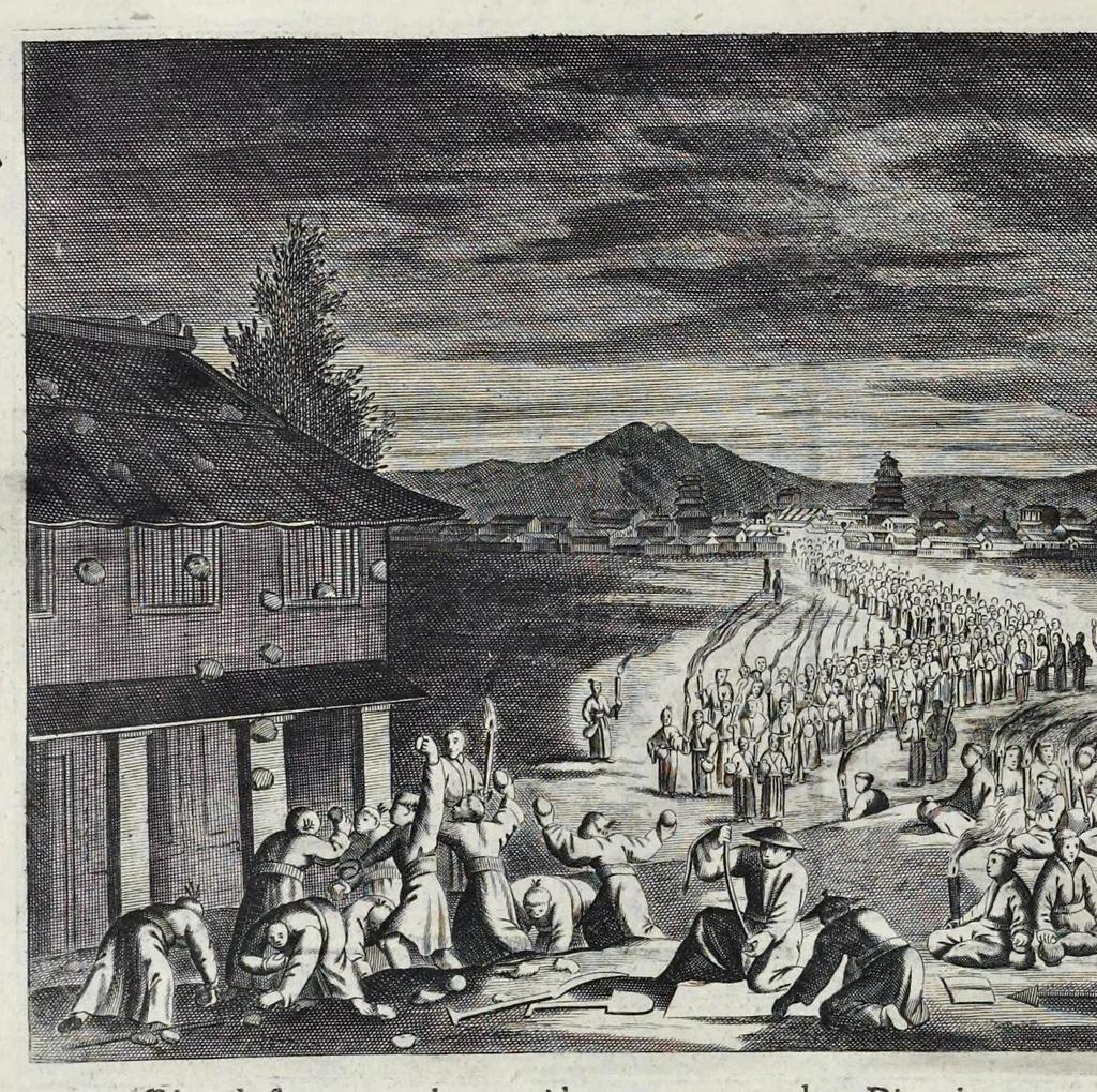 An illustration from Gedenkwaerdige gesantschappen der Oost-Indische maatschappy in't Vereenigde Nederland, aan de kaisaren van Japan : vervatende wonderlyke voorvallen op de togt der Nederlandtsche gesanten : beschryving van de dorpen, sterkten, steden, landtschappen, tempels, gods-diensten, dragten, gebouwen, dieren, gewasschen, bergen, fonteinen, vereeuwde en nieuwe oorlogs-daaden der Japanders : verçiert met een groot getal afbeeldsels in Japan geteikent : getrokken uit de geschriften en reis-aanteikeningen der zelve gesanten, 1669, leaf 139