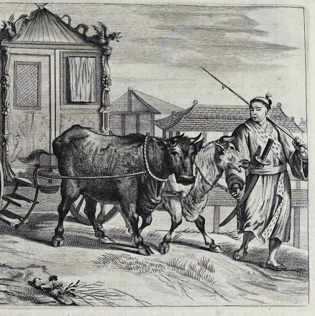 An illustration from Gedenkwaerdige gesantschappen der Oost-Indische maatschappy in't Vereenigde Nederland, aan de kaisaren van Japan : vervatende wonderlyke voorvallen op de togt der Nederlandtsche gesanten : beschryving van de dorpen, sterkten, steden, landtschappen, tempels, gods-diensten, dragten, gebouwen, dieren, gewasschen, bergen, fonteinen, vereeuwde en nieuwe oorlogs-daaden der Japanders : verçiert met een groot getal afbeeldsels in Japan geteikent : getrokken uit de geschriften en reis-aanteikeningen der zelve gesanten, 1669, leaf 146