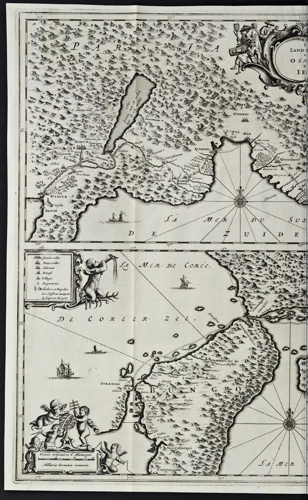 An illustration from Gedenkwaerdige gesantschappen der Oost-Indische maatschappy in't Vereenigde Nederland, aan de kaisaren van Japan : vervatende wonderlyke voorvallen op de togt der Nederlandtsche gesanten : beschryving van de dorpen, sterkten, steden, landtschappen, tempels, gods-diensten, dragten, gebouwen, dieren, gewasschen, bergen, fonteinen, vereeuwde en nieuwe oorlogs-daaden der Japanders : verçiert met een groot getal afbeeldsels in Japan geteikent : getrokken uit de geschriften en reis-aanteikeningen der zelve gesanten, 1669, leaf 15