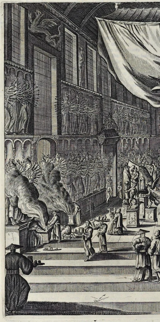 An illustration from Gedenkwaerdige gesantschappen der Oost-Indische maatschappy in't Vereenigde Nederland, aan de kaisaren van Japan : vervatende wonderlyke voorvallen op de togt der Nederlandtsche gesanten : beschryving van de dorpen, sterkten, steden, landtschappen, tempels, gods-diensten, dragten, gebouwen, dieren, gewasschen, bergen, fonteinen, vereeuwde en nieuwe oorlogs-daaden der Japanders : verçiert met een groot getal afbeeldsels in Japan geteikent : getrokken uit de geschriften en reis-aanteikeningen der zelve gesanten, 1669, leaf 159