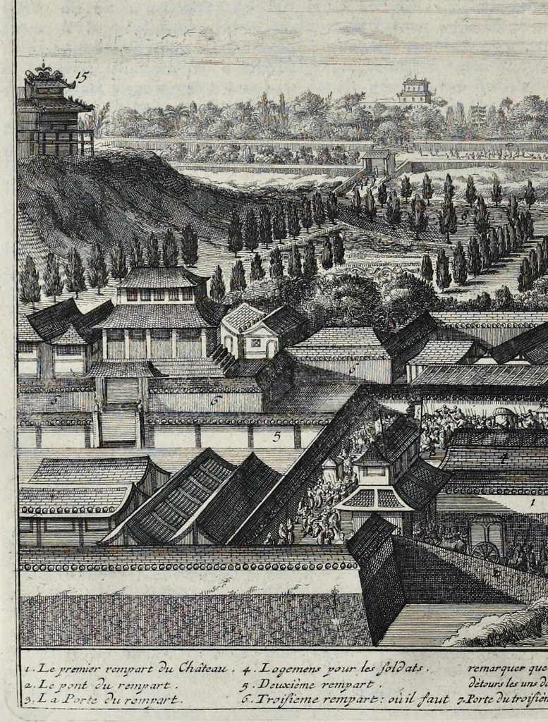 An illustration from Gedenkwaerdige gesantschappen der Oost-Indische maatschappy in't Vereenigde Nederland, aan de kaisaren van Japan : vervatende wonderlyke voorvallen op de togt der Nederlandtsche gesanten : beschryving van de dorpen, sterkten, steden, landtschappen, tempels, gods-diensten, dragten, gebouwen, dieren, gewasschen, bergen, fonteinen, vereeuwde en nieuwe oorlogs-daaden der Japanders : verçiert met een groot getal afbeeldsels in Japan geteikent : getrokken uit de geschriften en reis-aanteikeningen der zelve gesanten, 1669, leaf 169