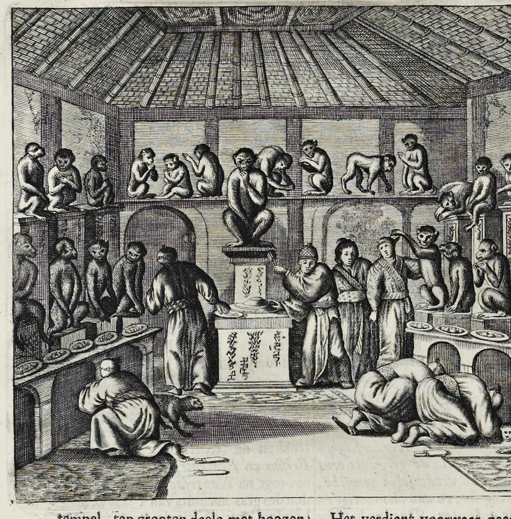 An illustration from Gedenkwaerdige gesantschappen der Oost-Indische maatschappy in't Vereenigde Nederland, aan de kaisaren van Japan : vervatende wonderlyke voorvallen op de togt der Nederlandtsche gesanten : beschryving van de dorpen, sterkten, steden, landtschappen, tempels, gods-diensten, dragten, gebouwen, dieren, gewasschen, bergen, fonteinen, vereeuwde en nieuwe oorlogs-daaden der Japanders : verçiert met een groot getal afbeeldsels in Japan geteikent : getrokken uit de geschriften en reis-aanteikeningen der zelve gesanten, 1669, leaf 181