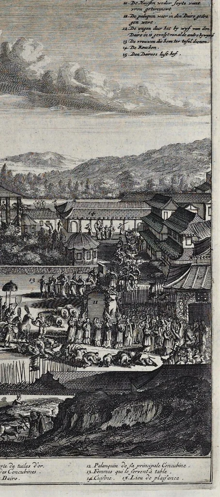 An illustration from Gedenkwaerdige gesantschappen der Oost-Indische maatschappy in't Vereenigde Nederland, aan de kaisaren van Japan : vervatende wonderlyke voorvallen op de togt der Nederlandtsche gesanten : beschryving van de dorpen, sterkten, steden, landtschappen, tempels, gods-diensten, dragten, gebouwen, dieren, gewasschen, bergen, fonteinen, vereeuwde en nieuwe oorlogs-daaden der Japanders : verçiert met een groot getal afbeeldsels in Japan geteikent : getrokken uit de geschriften en reis-aanteikeningen der zelve gesanten, 1669, leaf 190