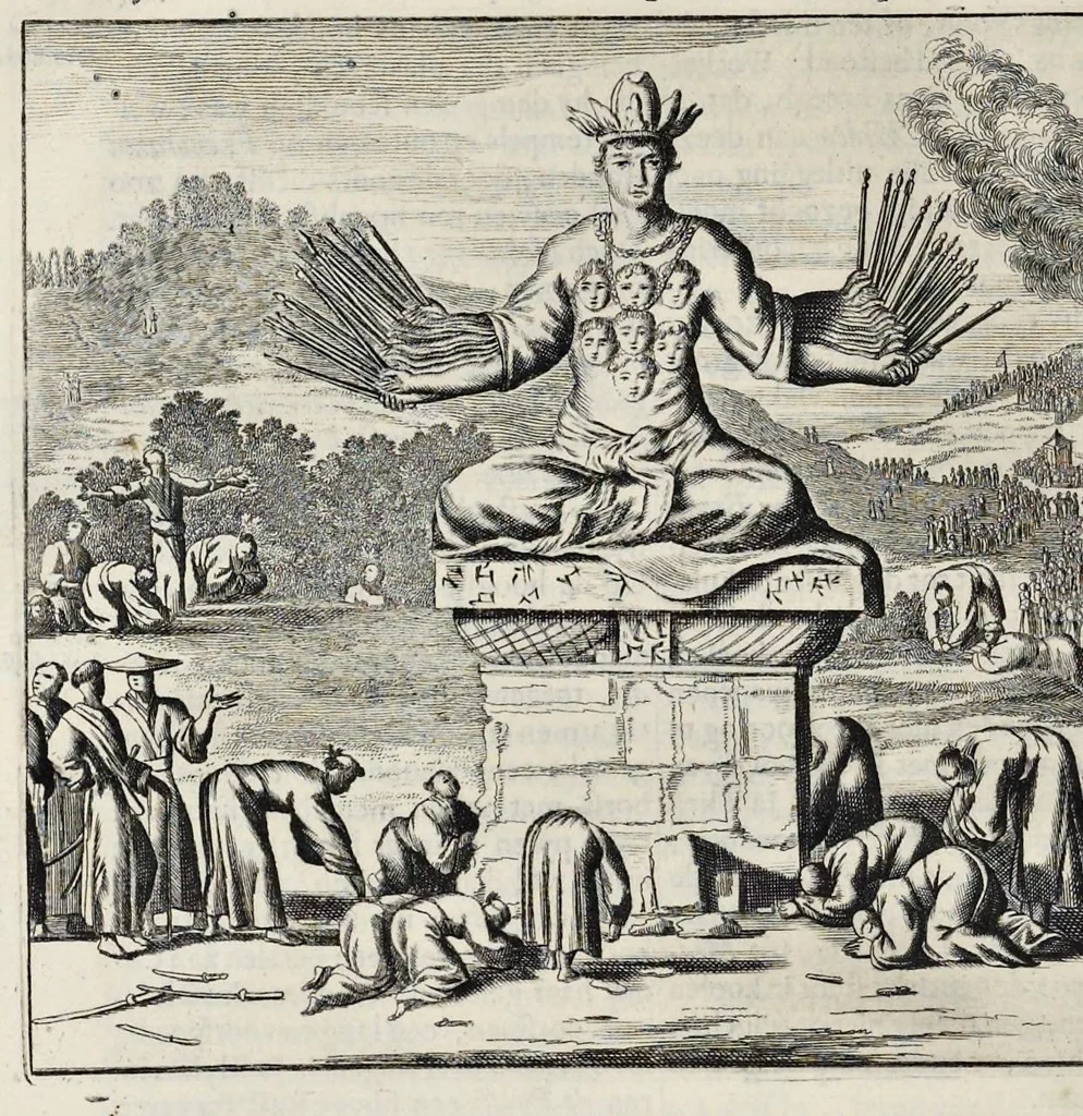 An illustration from Gedenkwaerdige gesantschappen der Oost-Indische maatschappy in't Vereenigde Nederland, aan de kaisaren van Japan : vervatende wonderlyke voorvallen op de togt der Nederlandtsche gesanten : beschryving van de dorpen, sterkten, steden, landtschappen, tempels, gods-diensten, dragten, gebouwen, dieren, gewasschen, bergen, fonteinen, vereeuwde en nieuwe oorlogs-daaden der Japanders : verçiert met een groot getal afbeeldsels in Japan geteikent : getrokken uit de geschriften en reis-aanteikeningen der zelve gesanten, 1669, leaf 207