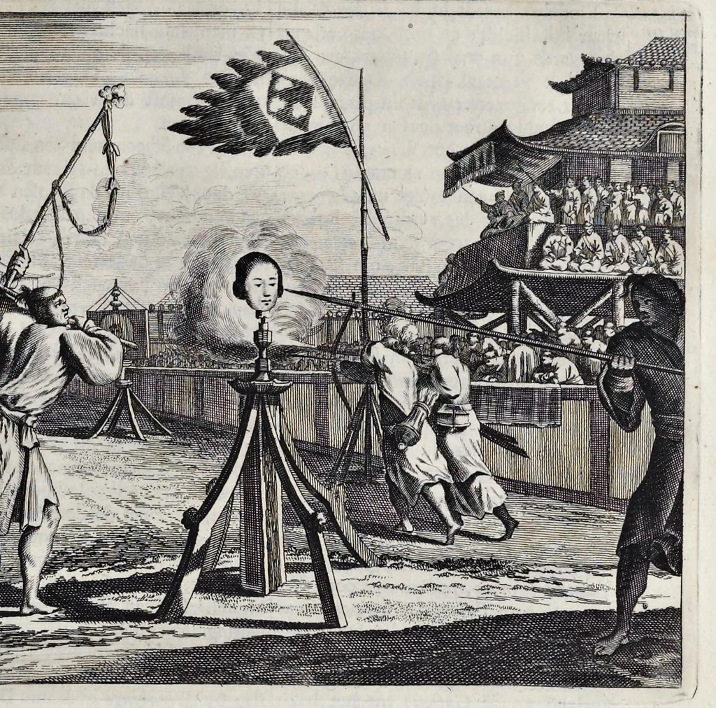 An illustration from Gedenkwaerdige gesantschappen der Oost-Indische maatschappy in't Vereenigde Nederland, aan de kaisaren van Japan : vervatende wonderlyke voorvallen op de togt der Nederlandtsche gesanten : beschryving van de dorpen, sterkten, steden, landtschappen, tempels, gods-diensten, dragten, gebouwen, dieren, gewasschen, bergen, fonteinen, vereeuwde en nieuwe oorlogs-daaden der Japanders : verçiert met een groot getal afbeeldsels in Japan geteikent : getrokken uit de geschriften en reis-aanteikeningen der zelve gesanten, 1669, leaf 224