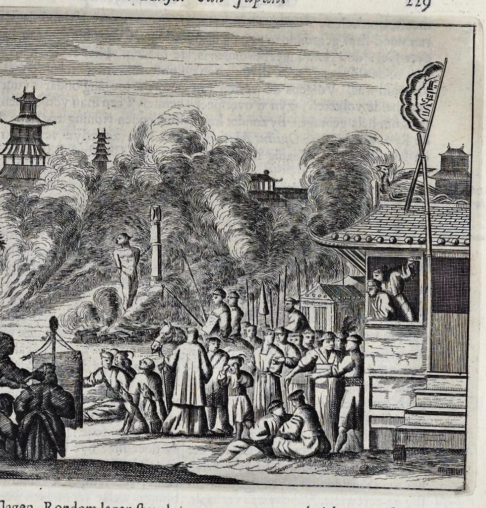 An illustration from Gedenkwaerdige gesantschappen der Oost-Indische maatschappy in't Vereenigde Nederland, aan de kaisaren van Japan : vervatende wonderlyke voorvallen op de togt der Nederlandtsche gesanten : beschryving van de dorpen, sterkten, steden, landtschappen, tempels, gods-diensten, dragten, gebouwen, dieren, gewasschen, bergen, fonteinen, vereeuwde en nieuwe oorlogs-daaden der Japanders : verçiert met een groot getal afbeeldsels in Japan geteikent : getrokken uit de geschriften en reis-aanteikeningen der zelve gesanten, 1669, leaf 282