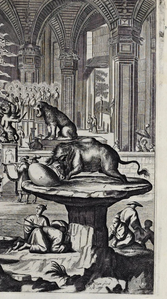 An illustration from Gedenkwaerdige gesantschappen der Oost-Indische maatschappy in't Vereenigde Nederland, aan de kaisaren van Japan : vervatende wonderlyke voorvallen op de togt der Nederlandtsche gesanten : beschryving van de dorpen, sterkten, steden, landtschappen, tempels, gods-diensten, dragten, gebouwen, dieren, gewasschen, bergen, fonteinen, vereeuwde en nieuwe oorlogs-daaden der Japanders : verçiert met een groot getal afbeeldsels in Japan geteikent : getrokken uit de geschriften en reis-aanteikeningen der zelve gesanten, 1669, leaf 308