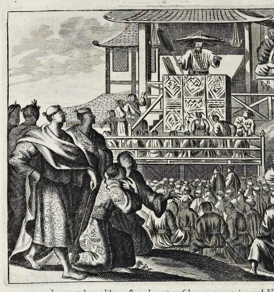 An illustration from Gedenkwaerdige gesantschappen der Oost-Indische maatschappy in't Vereenigde Nederland, aan de kaisaren van Japan : vervatende wonderlyke voorvallen op de togt der Nederlandtsche gesanten : beschryving van de dorpen, sterkten, steden, landtschappen, tempels, gods-diensten, dragten, gebouwen, dieren, gewasschen, bergen, fonteinen, vereeuwde en nieuwe oorlogs-daaden der Japanders : verçiert met een groot getal afbeeldsels in Japan geteikent : getrokken uit de geschriften en reis-aanteikeningen der zelve gesanten, 1669, leaf 325