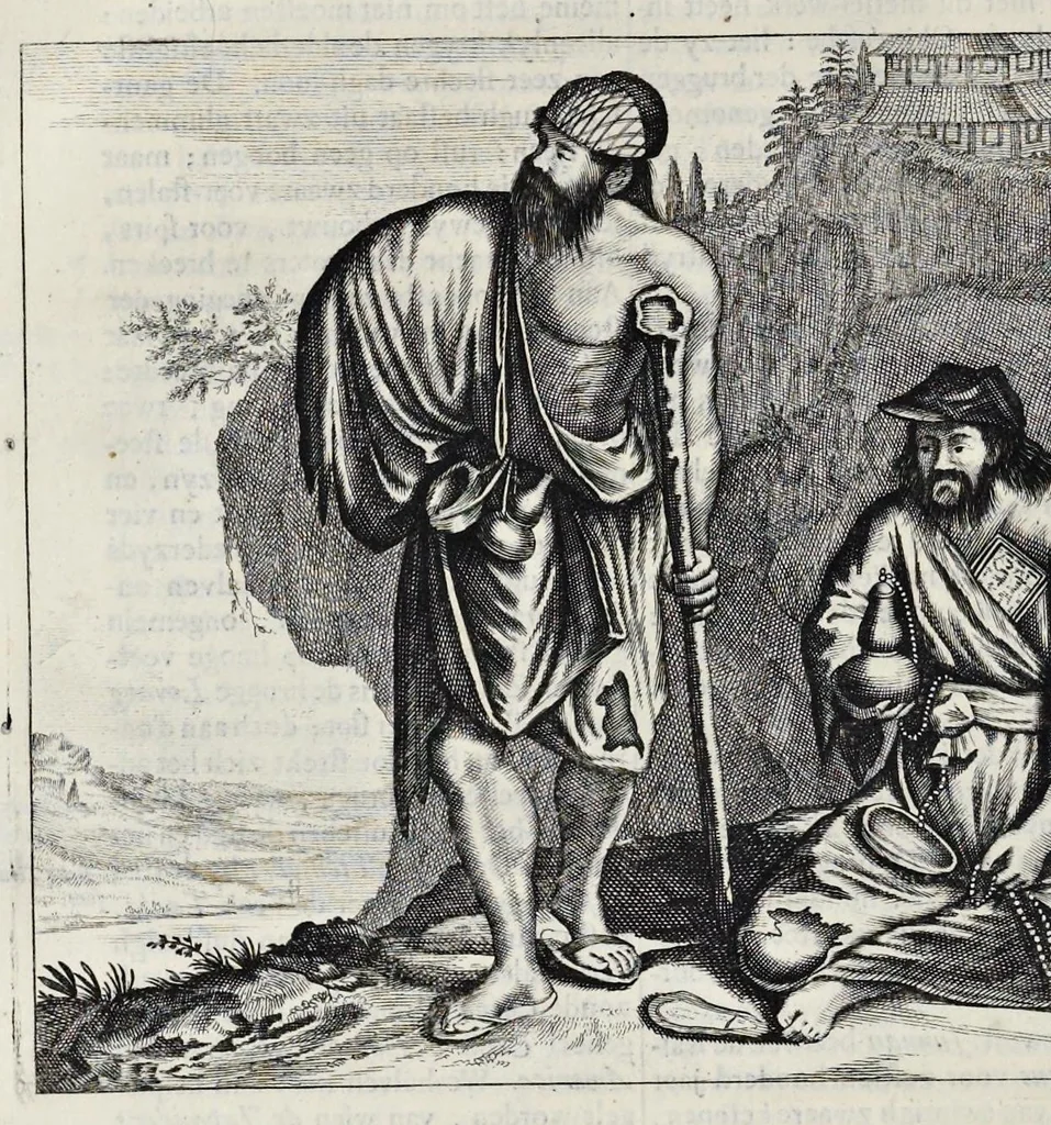 An illustration from Gedenkwaerdige gesantschappen der Oost-Indische maatschappy in't Vereenigde Nederland, aan de kaisaren van Japan : vervatende wonderlyke voorvallen op de togt der Nederlandtsche gesanten : beschryving van de dorpen, sterkten, steden, landtschappen, tempels, gods-diensten, dragten, gebouwen, dieren, gewasschen, bergen, fonteinen, vereeuwde en nieuwe oorlogs-daaden der Japanders : verçiert met een groot getal afbeeldsels in Japan geteikent : getrokken uit de geschriften en reis-aanteikeningen der zelve gesanten, 1669, leaf 331