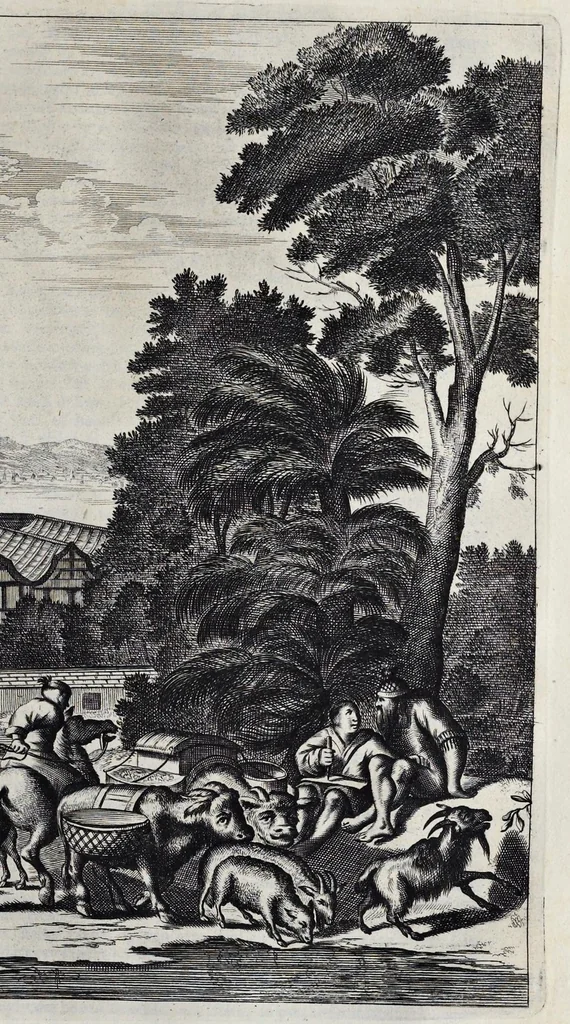An illustration from Gedenkwaerdige gesantschappen der Oost-Indische maatschappy in't Vereenigde Nederland, aan de kaisaren van Japan : vervatende wonderlyke voorvallen op de togt der Nederlandtsche gesanten : beschryving van de dorpen, sterkten, steden, landtschappen, tempels, gods-diensten, dragten, gebouwen, dieren, gewasschen, bergen, fonteinen, vereeuwde en nieuwe oorlogs-daaden der Japanders : verçiert met een groot getal afbeeldsels in Japan geteikent : getrokken uit de geschriften en reis-aanteikeningen der zelve gesanten, 1669, leaf 342