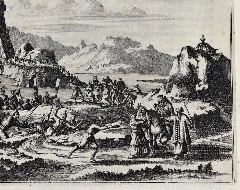 An illustration from Gedenkwaerdige gesantschappen der Oost-Indische maatschappy in't Vereenigde Nederland, aan de kaisaren van Japan : vervatende wonderlyke voorvallen op de togt der Nederlandtsche gesanten : beschryving van de dorpen, sterkten, steden, landtschappen, tempels, gods-diensten, dragten, gebouwen, dieren, gewasschen, bergen, fonteinen, vereeuwde en nieuwe oorlogs-daaden der Japanders : verçiert met een groot getal afbeeldsels in Japan geteikent : getrokken uit de geschriften en reis-aanteikeningen der zelve gesanten, 1669, leaf 360