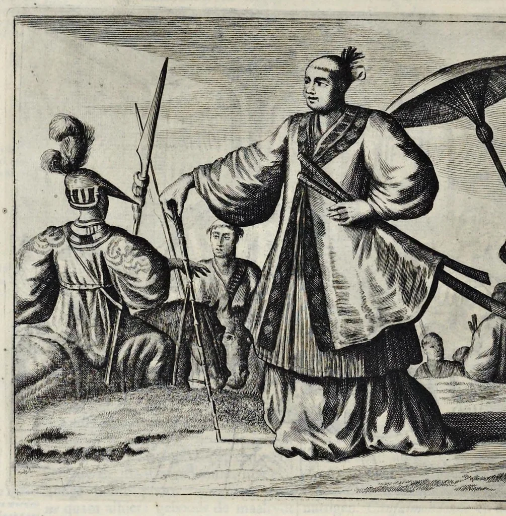 An illustration from Gedenkwaerdige gesantschappen der Oost-Indische maatschappy in't Vereenigde Nederland, aan de kaisaren van Japan : vervatende wonderlyke voorvallen op de togt der Nederlandtsche gesanten : beschryving van de dorpen, sterkten, steden, landtschappen, tempels, gods-diensten, dragten, gebouwen, dieren, gewasschen, bergen, fonteinen, vereeuwde en nieuwe oorlogs-daaden der Japanders : verçiert met een groot getal afbeeldsels in Japan geteikent : getrokken uit de geschriften en reis-aanteikeningen der zelve gesanten, 1669, leaf 365