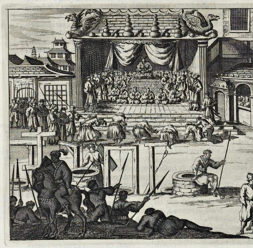 An illustration from Gedenkwaerdige gesantschappen der Oost-Indische maatschappy in't Vereenigde Nederland, aan de kaisaren van Japan : vervatende wonderlyke voorvallen op de togt der Nederlandtsche gesanten : beschryving van de dorpen, sterkten, steden, landtschappen, tempels, gods-diensten, dragten, gebouwen, dieren, gewasschen, bergen, fonteinen, vereeuwde en nieuwe oorlogs-daaden der Japanders : verçiert met een groot getal afbeeldsels in Japan geteikent : getrokken uit de geschriften en reis-aanteikeningen der zelve gesanten, 1669, leaf 373