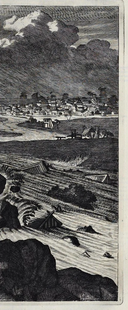 An illustration from Gedenkwaerdige gesantschappen der Oost-Indische maatschappy in't Vereenigde Nederland, aan de kaisaren van Japan : vervatende wonderlyke voorvallen op de togt der Nederlandtsche gesanten : beschryving van de dorpen, sterkten, steden, landtschappen, tempels, gods-diensten, dragten, gebouwen, dieren, gewasschen, bergen, fonteinen, vereeuwde en nieuwe oorlogs-daaden der Japanders : verçiert met een groot getal afbeeldsels in Japan geteikent : getrokken uit de geschriften en reis-aanteikeningen der zelve gesanten, 1669, leaf 424