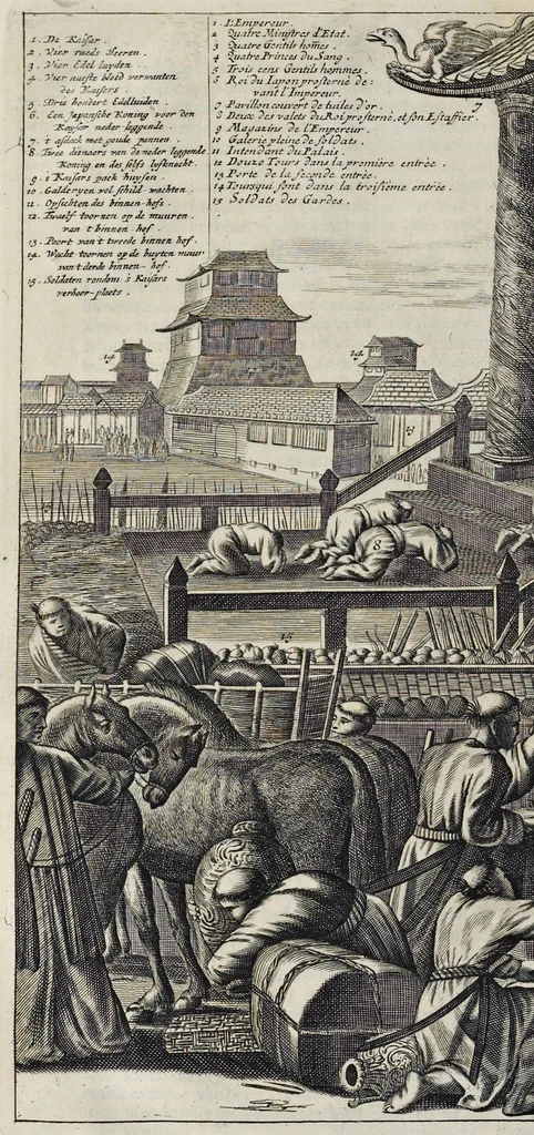 An illustration from Gedenkwaerdige gesantschappen der Oost-Indische maatschappy in't Vereenigde Nederland, aan de kaisaren van Japan : vervatende wonderlyke voorvallen op de togt der Nederlandtsche gesanten : beschryving van de dorpen, sterkten, steden, landtschappen, tempels, gods-diensten, dragten, gebouwen, dieren, gewasschen, bergen, fonteinen, vereeuwde en nieuwe oorlogs-daaden der Japanders : verçiert met een groot getal afbeeldsels in Japan geteikent : getrokken uit de geschriften en reis-aanteikeningen der zelve gesanten, 1669, leaf 431