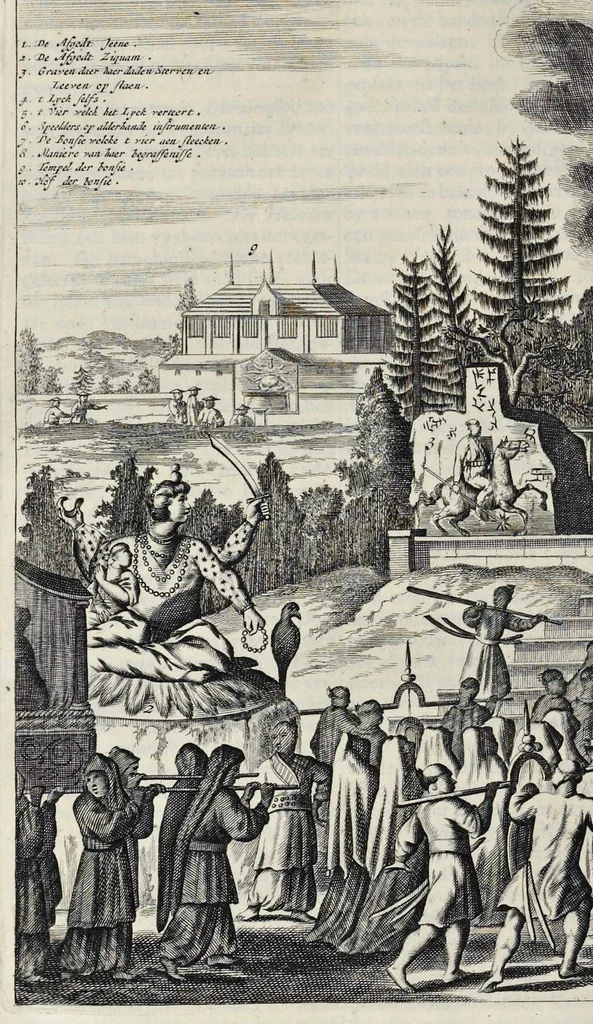 An illustration from Gedenkwaerdige gesantschappen der Oost-Indische maatschappy in't Vereenigde Nederland, aan de kaisaren van Japan : vervatende wonderlyke voorvallen op de togt der Nederlandtsche gesanten : beschryving van de dorpen, sterkten, steden, landtschappen, tempels, gods-diensten, dragten, gebouwen, dieren, gewasschen, bergen, fonteinen, vereeuwde en nieuwe oorlogs-daaden der Japanders : verçiert met een groot getal afbeeldsels in Japan geteikent : getrokken uit de geschriften en reis-aanteikeningen der zelve gesanten, 1669, leaf 439