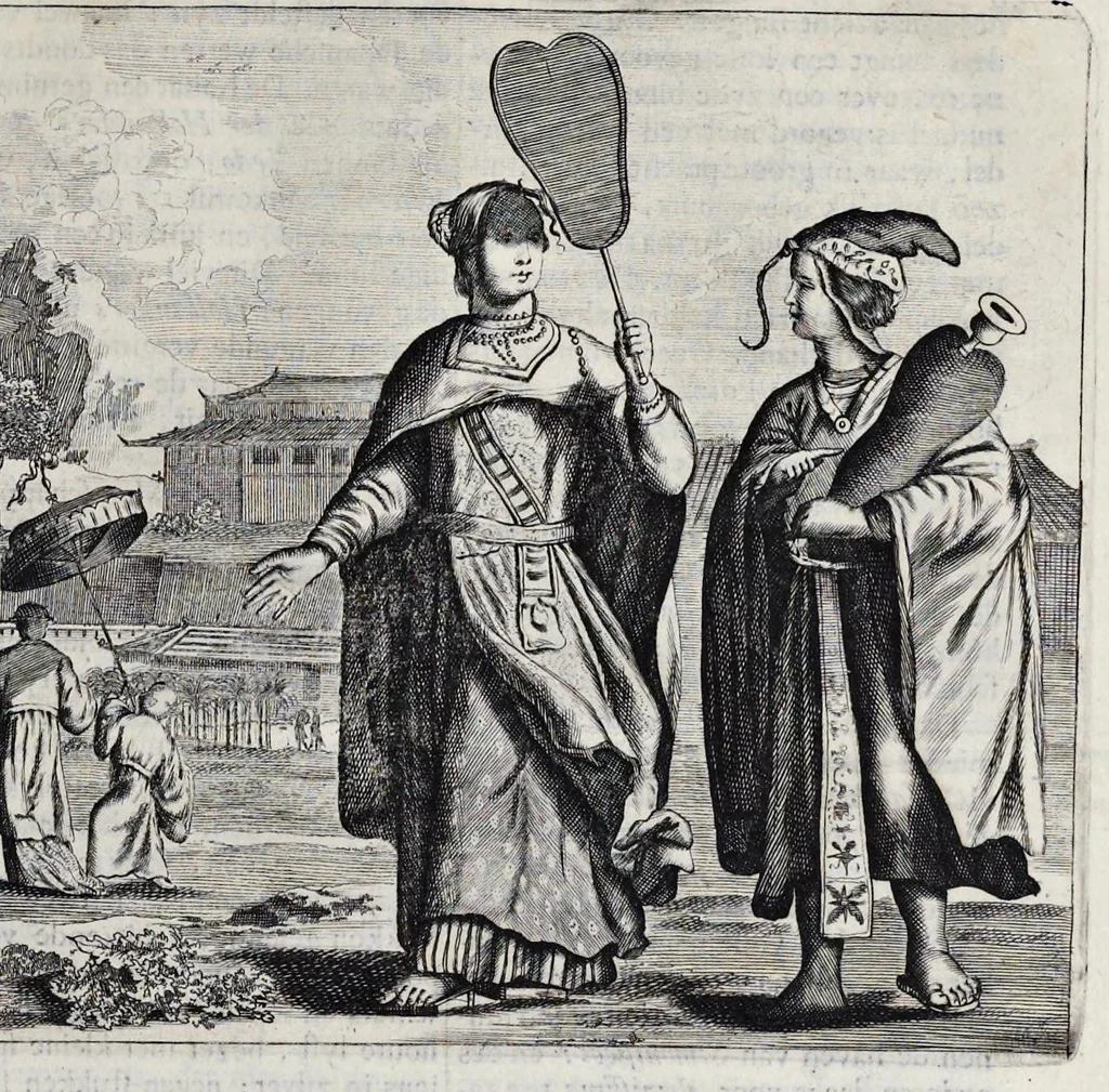 An illustration from Gedenkwaerdige gesantschappen der Oost-Indische maatschappy in't Vereenigde Nederland, aan de kaisaren van Japan : vervatende wonderlyke voorvallen op de togt der Nederlandtsche gesanten : beschryving van de dorpen, sterkten, steden, landtschappen, tempels, gods-diensten, dragten, gebouwen, dieren, gewasschen, bergen, fonteinen, vereeuwde en nieuwe oorlogs-daaden der Japanders : verçiert met een groot getal afbeeldsels in Japan geteikent : getrokken uit de geschriften en reis-aanteikeningen der zelve gesanten, 1669, leaf 444