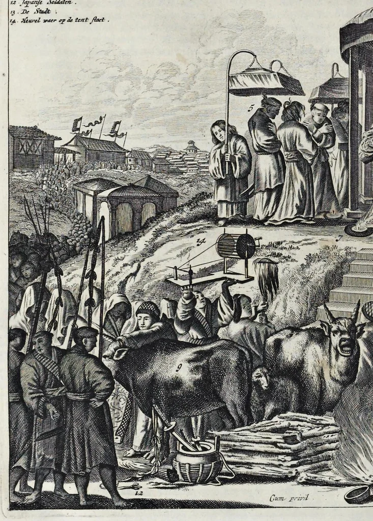 An illustration from Gedenkwaerdige gesantschappen der Oost-Indische maatschappy in't Vereenigde Nederland, aan de kaisaren van Japan : vervatende wonderlyke voorvallen op de togt der Nederlandtsche gesanten : beschryving van de dorpen, sterkten, steden, landtschappen, tempels, gods-diensten, dragten, gebouwen, dieren, gewasschen, bergen, fonteinen, vereeuwde en nieuwe oorlogs-daaden der Japanders : verçiert met een groot getal afbeeldsels in Japan geteikent : getrokken uit de geschriften en reis-aanteikeningen der zelve gesanten, 1669, leaf 457