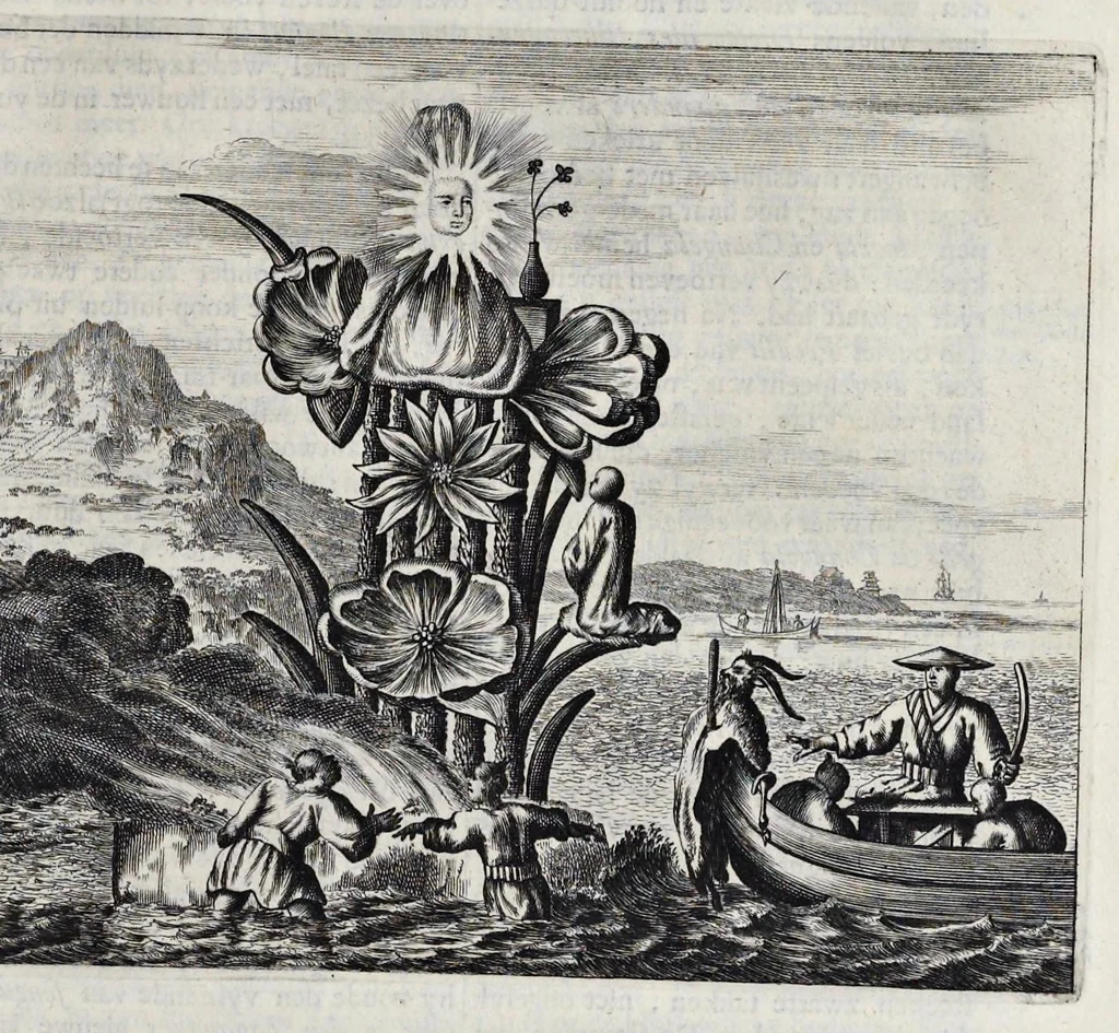 An illustration from Gedenkwaerdige gesantschappen der Oost-Indische maatschappy in't Vereenigde Nederland, aan de kaisaren van Japan : vervatende wonderlyke voorvallen op de togt der Nederlandtsche gesanten : beschryving van de dorpen, sterkten, steden, landtschappen, tempels, gods-diensten, dragten, gebouwen, dieren, gewasschen, bergen, fonteinen, vereeuwde en nieuwe oorlogs-daaden der Japanders : verçiert met een groot getal afbeeldsels in Japan geteikent : getrokken uit de geschriften en reis-aanteikeningen der zelve gesanten, 1669, leaf 462
