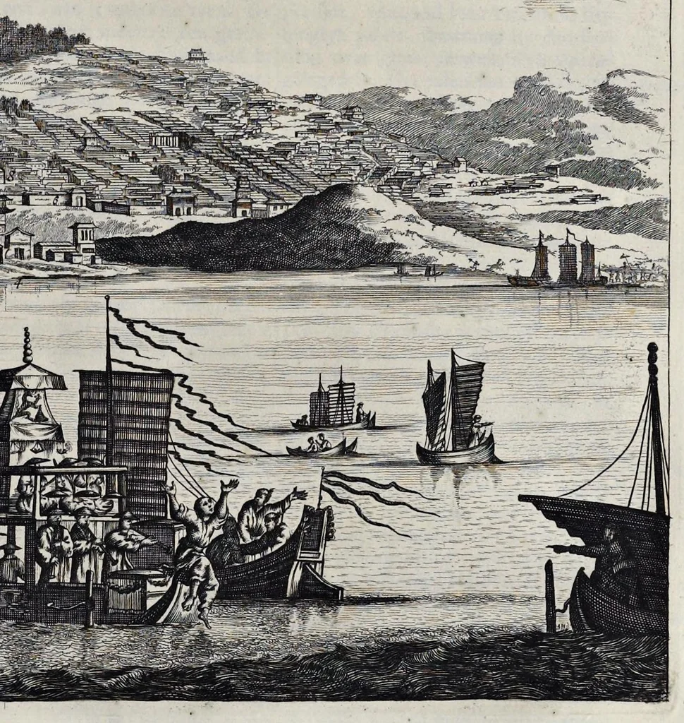 An illustration from Gedenkwaerdige gesantschappen der Oost-Indische maatschappy in't Vereenigde Nederland, aan de kaisaren van Japan : vervatende wonderlyke voorvallen op de togt der Nederlandtsche gesanten : beschryving van de dorpen, sterkten, steden, landtschappen, tempels, gods-diensten, dragten, gebouwen, dieren, gewasschen, bergen, fonteinen, vereeuwde en nieuwe oorlogs-daaden der Japanders : verçiert met een groot getal afbeeldsels in Japan geteikent : getrokken uit de geschriften en reis-aanteikeningen der zelve gesanten, 1669, leaf 480