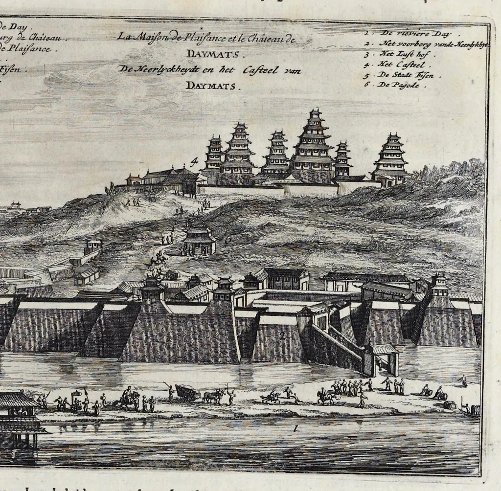 An illustration from Gedenkwaerdige gesantschappen der Oost-Indische maatschappy in't Vereenigde Nederland, aan de kaisaren van Japan : vervatende wonderlyke voorvallen op de togt der Nederlandtsche gesanten : beschryving van de dorpen, sterkten, steden, landtschappen, tempels, gods-diensten, dragten, gebouwen, dieren, gewasschen, bergen, fonteinen, vereeuwde en nieuwe oorlogs-daaden der Japanders : verçiert met een groot getal afbeeldsels in Japan geteikent : getrokken uit de geschriften en reis-aanteikeningen der zelve gesanten, 1669, leaf 494