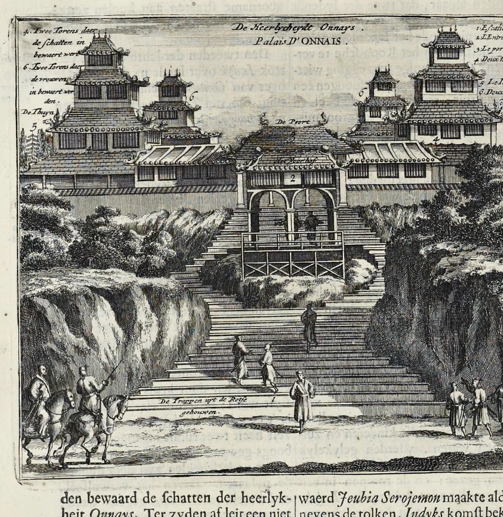 An illustration from Gedenkwaerdige gesantschappen der Oost-Indische maatschappy in't Vereenigde Nederland, aan de kaisaren van Japan : vervatende wonderlyke voorvallen op de togt der Nederlandtsche gesanten : beschryving van de dorpen, sterkten, steden, landtschappen, tempels, gods-diensten, dragten, gebouwen, dieren, gewasschen, bergen, fonteinen, vereeuwde en nieuwe oorlogs-daaden der Japanders : verçiert met een groot getal afbeeldsels in Japan geteikent : getrokken uit de geschriften en reis-aanteikeningen der zelve gesanten, 1669, leaf 503