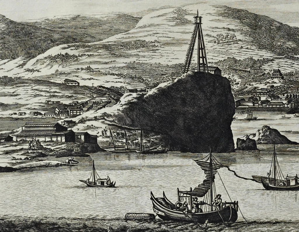 An illustration from Gedenkwaerdige gesantschappen der Oost-Indische maatschappy in't Vereenigde Nederland, aan de kaisaren van Japan : vervatende wonderlyke voorvallen op de togt der Nederlandtsche gesanten : beschryving van de dorpen, sterkten, steden, landtschappen, tempels, gods-diensten, dragten, gebouwen, dieren, gewasschen, bergen, fonteinen, vereeuwde en nieuwe oorlogs-daaden der Japanders : verçiert met een groot getal afbeeldsels in Japan geteikent : getrokken uit de geschriften en reis-aanteikeningen der zelve gesanten, 1669, leaf 537