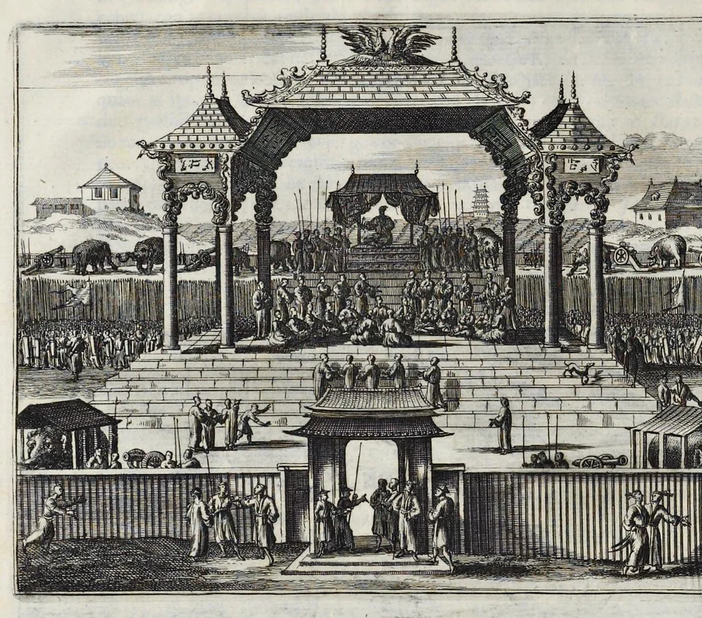 An illustration from Gedenkwaerdige gesantschappen der Oost-Indische maatschappy in't Vereenigde Nederland, aan de kaisaren van Japan : vervatende wonderlyke voorvallen op de togt der Nederlandtsche gesanten : beschryving van de dorpen, sterkten, steden, landtschappen, tempels, gods-diensten, dragten, gebouwen, dieren, gewasschen, bergen, fonteinen, vereeuwde en nieuwe oorlogs-daaden der Japanders : verçiert met een groot getal afbeeldsels in Japan geteikent : getrokken uit de geschriften en reis-aanteikeningen der zelve gesanten, 1669, leaf 55