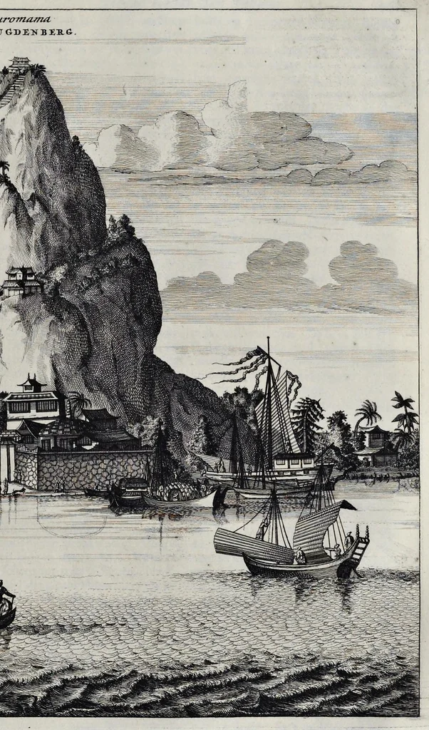 An illustration from Gedenkwaerdige gesantschappen der Oost-Indische maatschappy in't Vereenigde Nederland, aan de kaisaren van Japan : vervatende wonderlyke voorvallen op de togt der Nederlandtsche gesanten : beschryving van de dorpen, sterkten, steden, landtschappen, tempels, gods-diensten, dragten, gebouwen, dieren, gewasschen, bergen, fonteinen, vereeuwde en nieuwe oorlogs-daaden der Japanders : verçiert met een groot getal afbeeldsels in Japan geteikent : getrokken uit de geschriften en reis-aanteikeningen der zelve gesanten, 1669, leaf 552