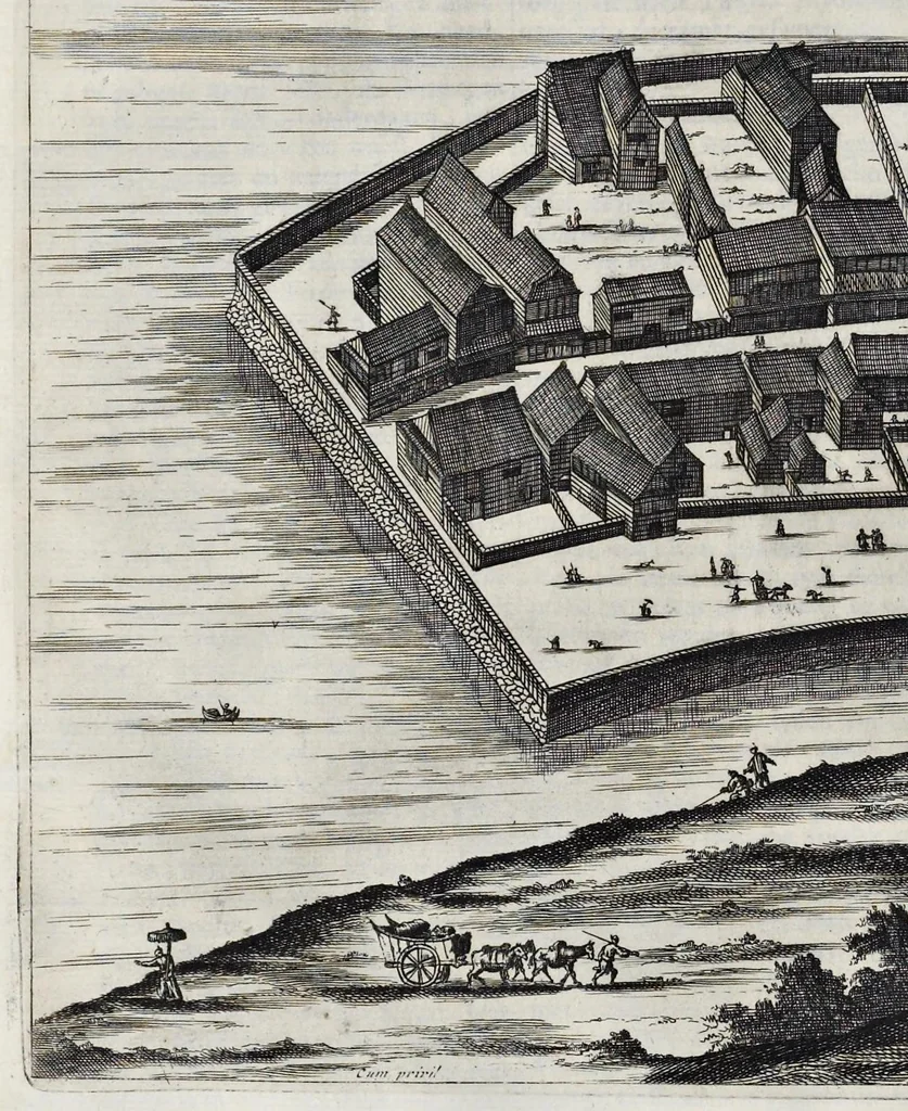An illustration from Gedenkwaerdige gesantschappen der Oost-Indische maatschappy in't Vereenigde Nederland, aan de kaisaren van Japan : vervatende wonderlyke voorvallen op de togt der Nederlandtsche gesanten : beschryving van de dorpen, sterkten, steden, landtschappen, tempels, gods-diensten, dragten, gebouwen, dieren, gewasschen, bergen, fonteinen, vereeuwde en nieuwe oorlogs-daaden der Japanders : verçiert met een groot getal afbeeldsels in Japan geteikent : getrokken uit de geschriften en reis-aanteikeningen der zelve gesanten, 1669, leaf 75
