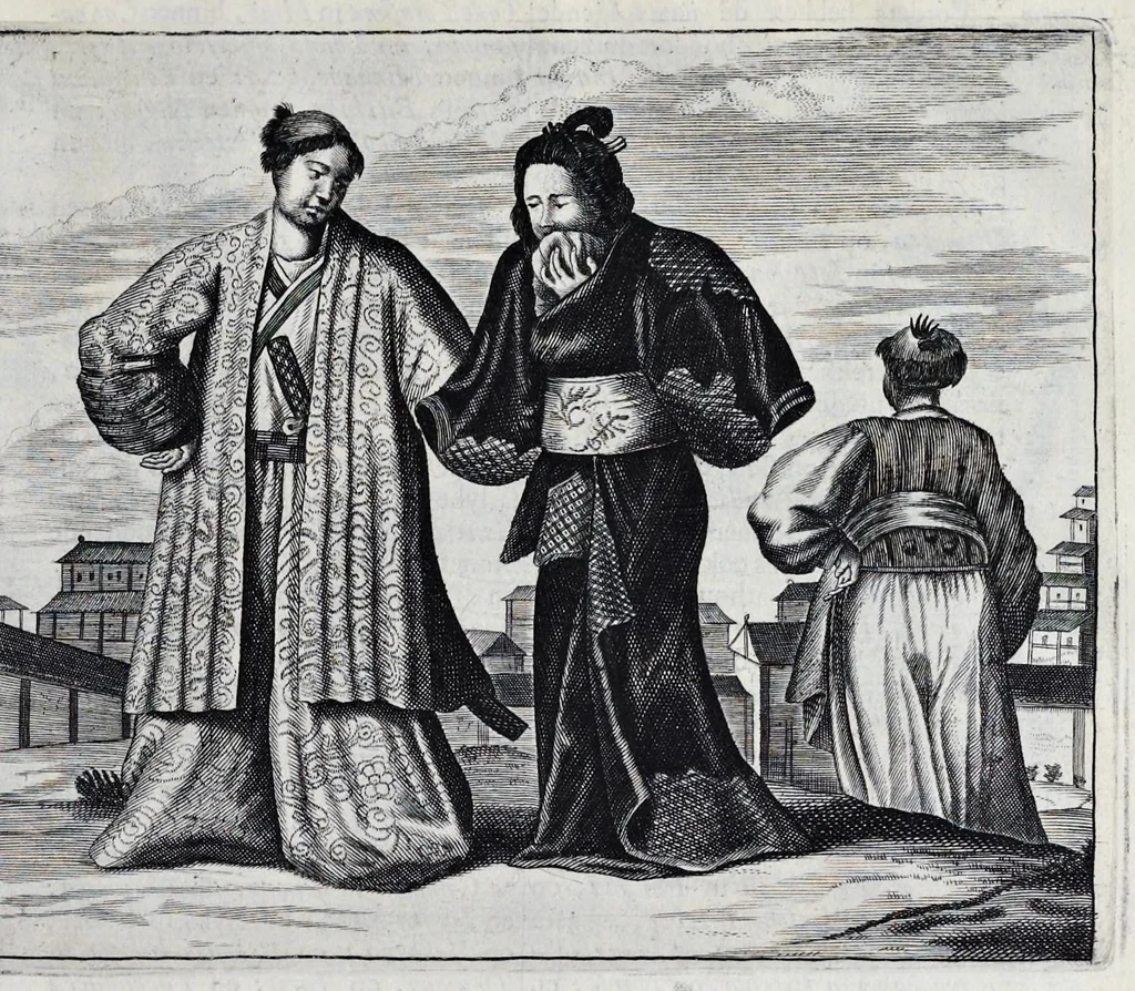 An illustration from Gedenkwaerdige gesantschappen der Oost-Indische maatschappy in't Vereenigde Nederland, aan de kaisaren van Japan : vervatende wonderlyke voorvallen op de togt der Nederlandtsche gesanten : beschryving van de dorpen, sterkten, steden, landtschappen, tempels, gods-diensten, dragten, gebouwen, dieren, gewasschen, bergen, fonteinen, vereeuwde en nieuwe oorlogs-daaden der Japanders : verçiert met een groot getal afbeeldsels in Japan geteikent : getrokken uit de geschriften en reis-aanteikeningen der zelve gesanten, 1669, leaf 88