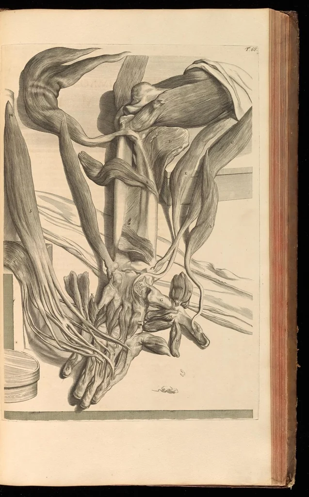 An illustration from Godefridi Bidloo, medicinae doctoris & chirurgi, Anatomia humani corporis : centum & quinque tabulis, per artificiosiss. G. de Lairesse ad vivum delineatis, demonstrata, veterum recentiorumque inventis explicata plurimisque hactenus non detectis, illustrata, 1685, leaf 234