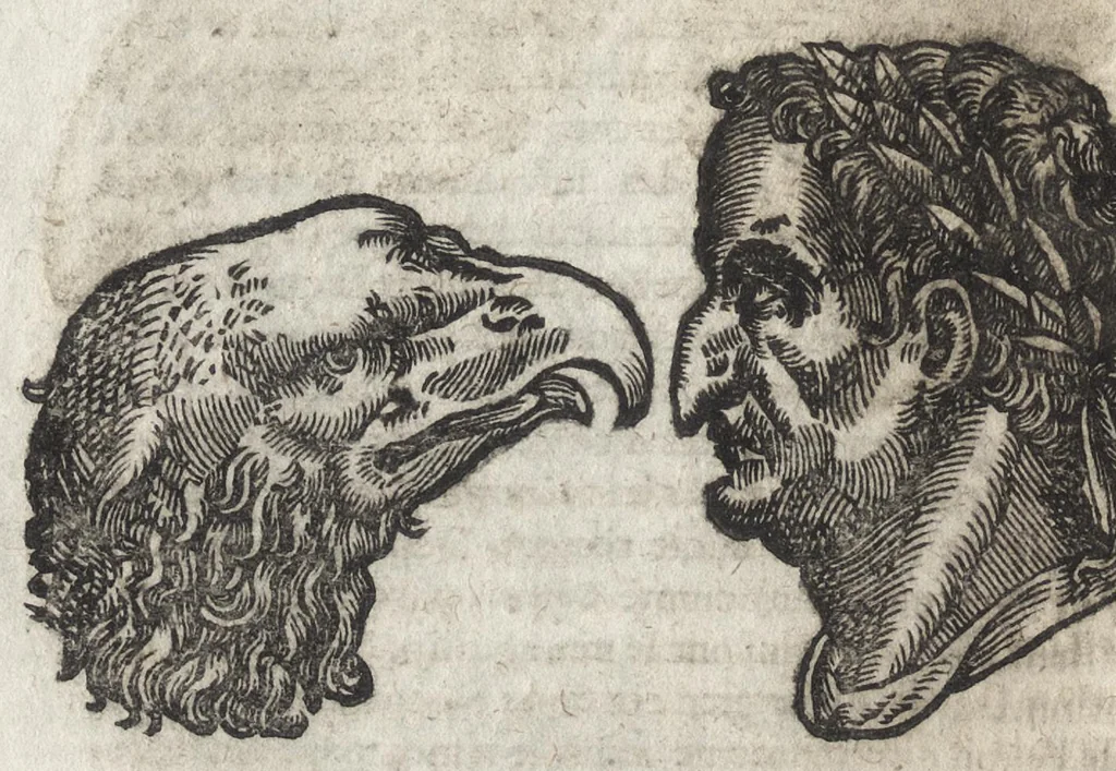 An illustration from La physionomie humaine de Iean Baptiste Porta neapolitain, divisée en quatre liures : enrichie de quantité de figures tirées au naturel, ou par les signes exterieurs du corps, on voit si clairement la complexion, les mœurs, & les desseins des hommes, qu'on semble penetrer iusques au plus profond de leurs ames ..., 1655, leaf 179