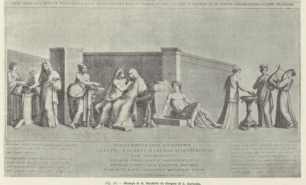 An illustration from Le Nozze Aldobrandine : i paesaggi con scene dell'Odissea e le altre pitture murali antiche conservate nella Biblioteca Vaticana e nei musei pontifici, 1907, leaf 30