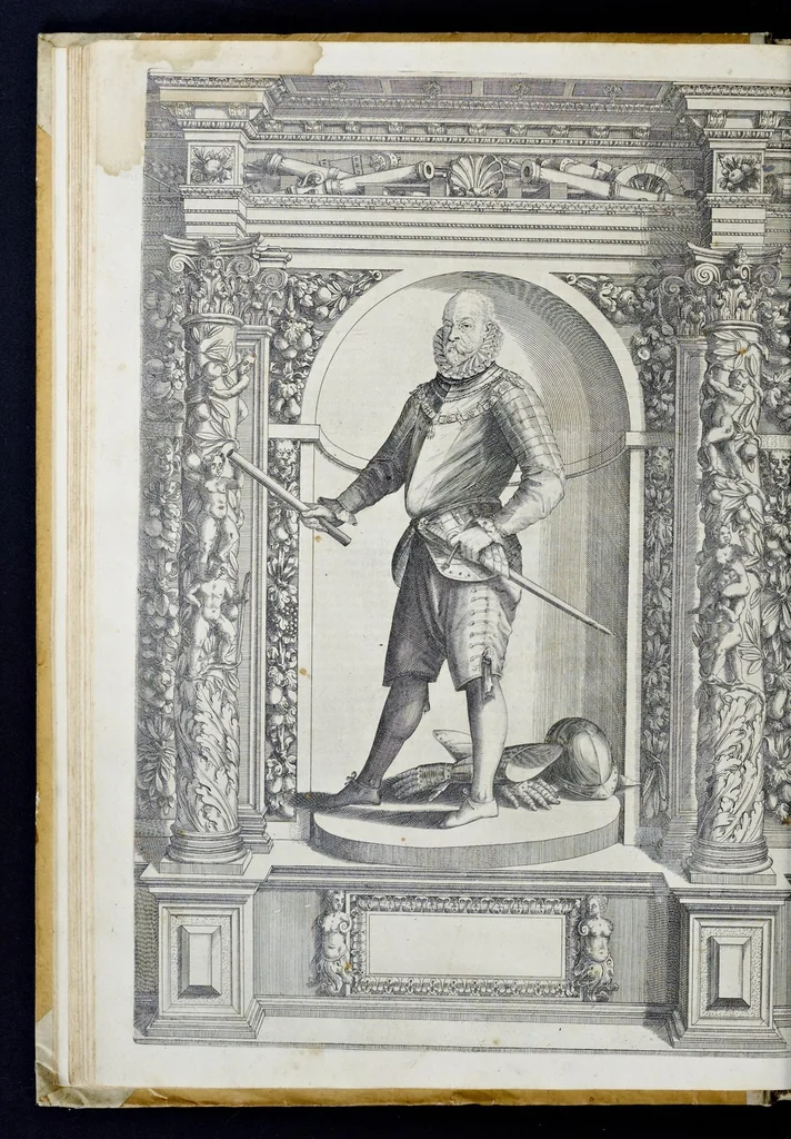 An illustration from Der aller durchleuchtigisten und grossmächtigen Kayser ... Königen und Ertzherzogen ... Fürsten wie auch Grafen, Herren vom Adel ... warhafftige Bildtnussen und kurtze Beschreibungen ihrer so wol in Fridts: als Kriegszzeiten verrichten fürnembsten Thaten und Handlungen : deren Waffen und Rüstungen ... fasst auss allen Landen der Welt ... unnd in der weytberühmbten Künstkammer ... in dem fürstlichen Schloss Ombrass, nit weyt von Inssprugg gelegen ... zu ewiger Gedächtnuss auffbehalten werden ..., 1603, leaf 101