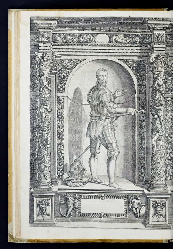 An illustration from Der aller durchleuchtigisten und grossmächtigen Kayser ... Königen und Ertzherzogen ... Fürsten wie auch Grafen, Herren vom Adel ... warhafftige Bildtnussen und kurtze Beschreibungen ihrer so wol in Fridts: als Kriegszzeiten verrichten fürnembsten Thaten und Handlungen : deren Waffen und Rüstungen ... fasst auss allen Landen der Welt ... unnd in der weytberühmbten Künstkammer ... in dem fürstlichen Schloss Ombrass, nit weyt von Inssprugg gelegen ... zu ewiger Gedächtnuss auffbehalten werden ..., 1603, leaf 105