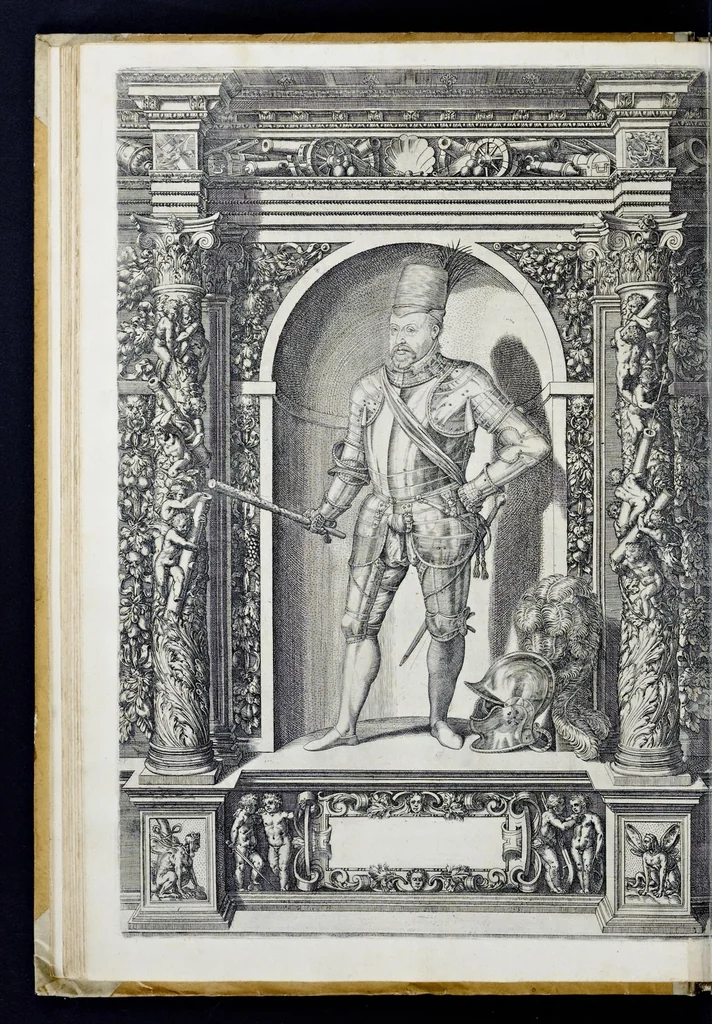An illustration from Der aller durchleuchtigisten und grossmächtigen Kayser ... Königen und Ertzherzogen ... Fürsten wie auch Grafen, Herren vom Adel ... warhafftige Bildtnussen und kurtze Beschreibungen ihrer so wol in Fridts: als Kriegszzeiten verrichten fürnembsten Thaten und Handlungen : deren Waffen und Rüstungen ... fasst auss allen Landen der Welt ... unnd in der weytberühmbten Künstkammer ... in dem fürstlichen Schloss Ombrass, nit weyt von Inssprugg gelegen ... zu ewiger Gedächtnuss auffbehalten werden ..., 1603, leaf 107