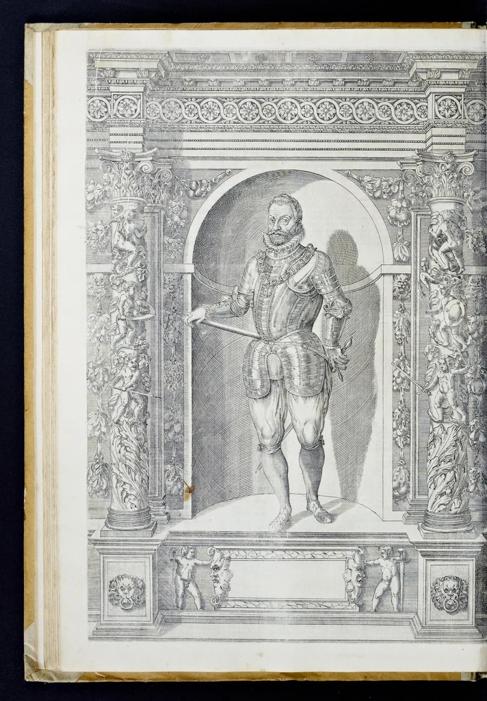 An illustration from Der aller durchleuchtigisten und grossmächtigen Kayser ... Königen und Ertzherzogen ... Fürsten wie auch Grafen, Herren vom Adel ... warhafftige Bildtnussen und kurtze Beschreibungen ihrer so wol in Fridts: als Kriegszzeiten verrichten fürnembsten Thaten und Handlungen : deren Waffen und Rüstungen ... fasst auss allen Landen der Welt ... unnd in der weytberühmbten Künstkammer ... in dem fürstlichen Schloss Ombrass, nit weyt von Inssprugg gelegen ... zu ewiger Gedächtnuss auffbehalten werden ..., 1603, leaf 111
