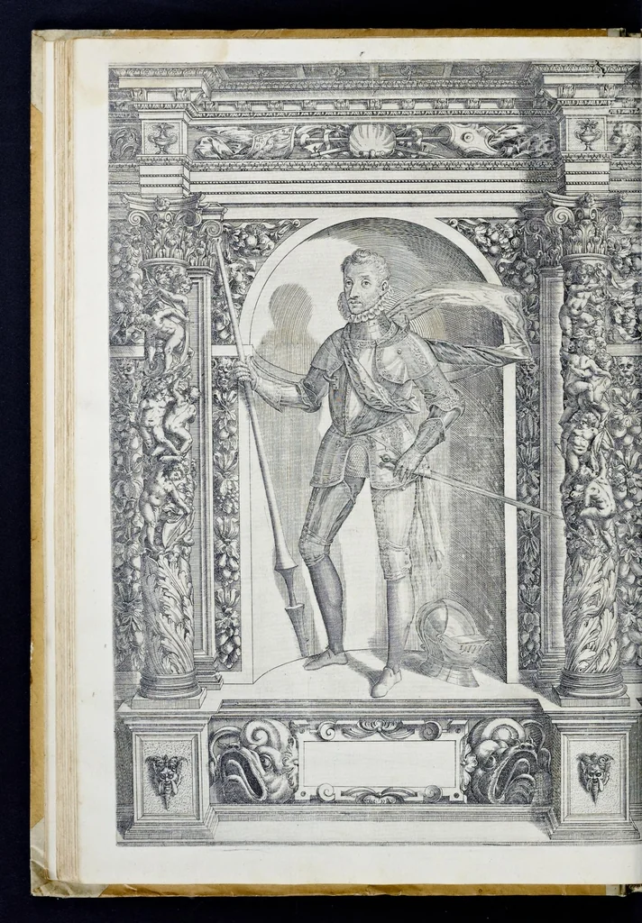 An illustration from Der aller durchleuchtigisten und grossmächtigen Kayser ... Königen und Ertzherzogen ... Fürsten wie auch Grafen, Herren vom Adel ... warhafftige Bildtnussen und kurtze Beschreibungen ihrer so wol in Fridts: als Kriegszzeiten verrichten fürnembsten Thaten und Handlungen : deren Waffen und Rüstungen ... fasst auss allen Landen der Welt ... unnd in der weytberühmbten Künstkammer ... in dem fürstlichen Schloss Ombrass, nit weyt von Inssprugg gelegen ... zu ewiger Gedächtnuss auffbehalten werden ..., 1603, leaf 115