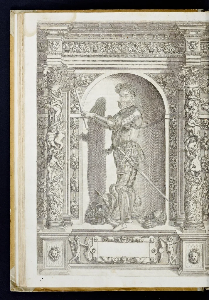 An illustration from Der aller durchleuchtigisten und grossmächtigen Kayser ... Königen und Ertzherzogen ... Fürsten wie auch Grafen, Herren vom Adel ... warhafftige Bildtnussen und kurtze Beschreibungen ihrer so wol in Fridts: als Kriegszzeiten verrichten fürnembsten Thaten und Handlungen : deren Waffen und Rüstungen ... fasst auss allen Landen der Welt ... unnd in der weytberühmbten Künstkammer ... in dem fürstlichen Schloss Ombrass, nit weyt von Inssprugg gelegen ... zu ewiger Gedächtnuss auffbehalten werden ..., 1603, leaf 119