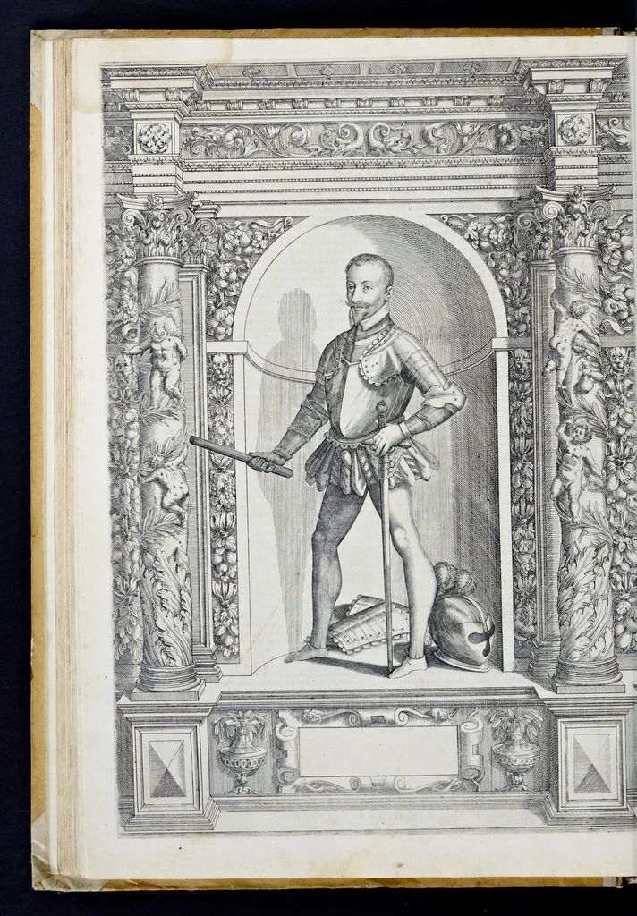 An illustration from Der aller durchleuchtigisten und grossmächtigen Kayser ... Königen und Ertzherzogen ... Fürsten wie auch Grafen, Herren vom Adel ... warhafftige Bildtnussen und kurtze Beschreibungen ihrer so wol in Fridts: als Kriegszzeiten verrichten fürnembsten Thaten und Handlungen : deren Waffen und Rüstungen ... fasst auss allen Landen der Welt ... unnd in der weytberühmbten Künstkammer ... in dem fürstlichen Schloss Ombrass, nit weyt von Inssprugg gelegen ... zu ewiger Gedächtnuss auffbehalten werden ..., 1603, leaf 127