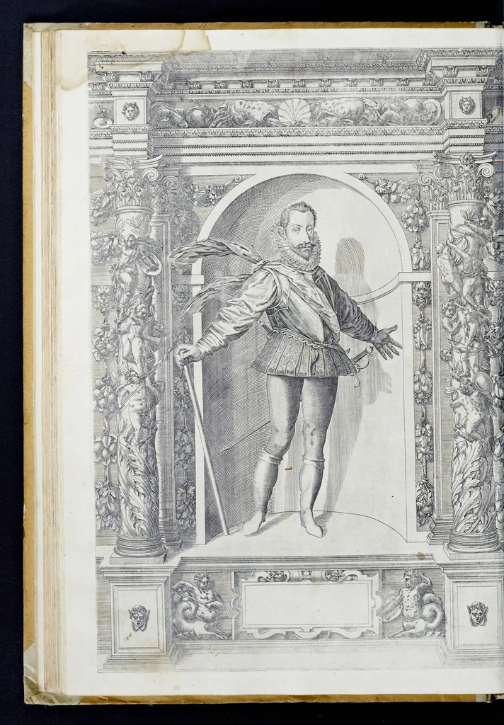 An illustration from Der aller durchleuchtigisten und grossmächtigen Kayser ... Königen und Ertzherzogen ... Fürsten wie auch Grafen, Herren vom Adel ... warhafftige Bildtnussen und kurtze Beschreibungen ihrer so wol in Fridts: als Kriegszzeiten verrichten fürnembsten Thaten und Handlungen : deren Waffen und Rüstungen ... fasst auss allen Landen der Welt ... unnd in der weytberühmbten Künstkammer ... in dem fürstlichen Schloss Ombrass, nit weyt von Inssprugg gelegen ... zu ewiger Gedächtnuss auffbehalten werden ..., 1603, leaf 131