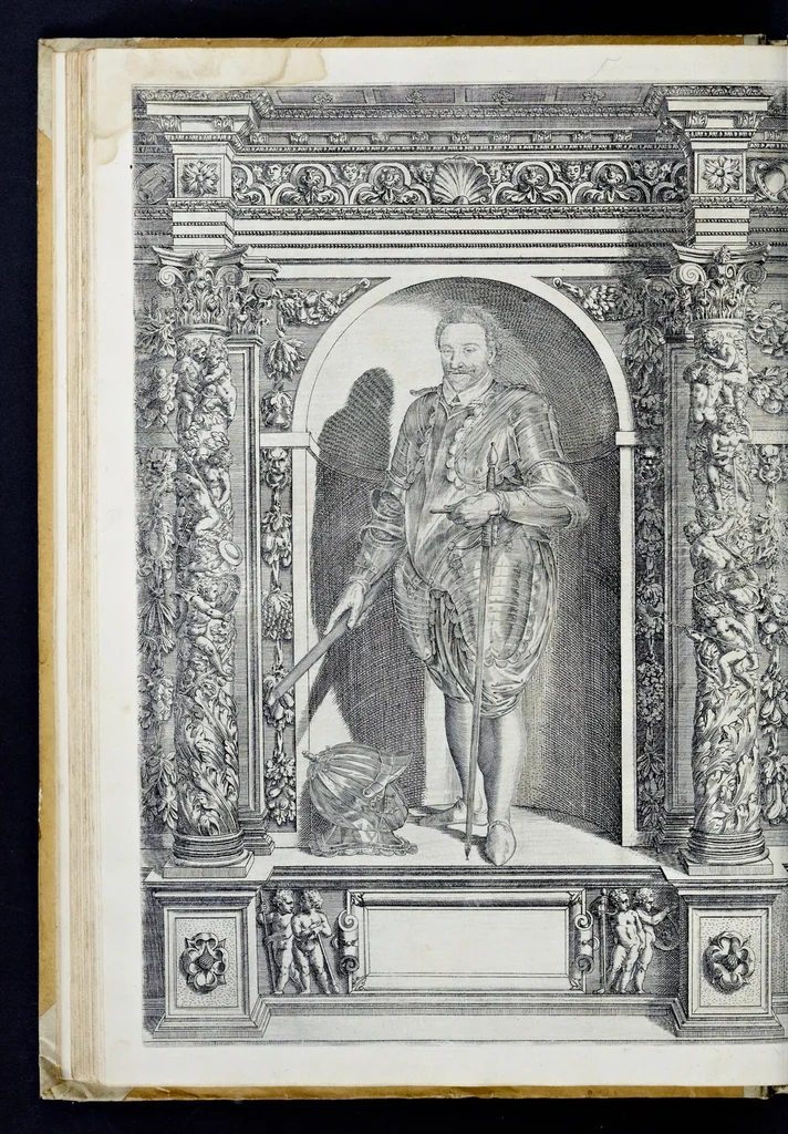 An illustration from Der aller durchleuchtigisten und grossmächtigen Kayser ... Königen und Ertzherzogen ... Fürsten wie auch Grafen, Herren vom Adel ... warhafftige Bildtnussen und kurtze Beschreibungen ihrer so wol in Fridts: als Kriegszzeiten verrichten fürnembsten Thaten und Handlungen : deren Waffen und Rüstungen ... fasst auss allen Landen der Welt ... unnd in der weytberühmbten Künstkammer ... in dem fürstlichen Schloss Ombrass, nit weyt von Inssprugg gelegen ... zu ewiger Gedächtnuss auffbehalten werden ..., 1603, leaf 135