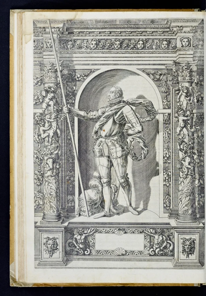 An illustration from Der aller durchleuchtigisten und grossmächtigen Kayser ... Königen und Ertzherzogen ... Fürsten wie auch Grafen, Herren vom Adel ... warhafftige Bildtnussen und kurtze Beschreibungen ihrer so wol in Fridts: als Kriegszzeiten verrichten fürnembsten Thaten und Handlungen : deren Waffen und Rüstungen ... fasst auss allen Landen der Welt ... unnd in der weytberühmbten Künstkammer ... in dem fürstlichen Schloss Ombrass, nit weyt von Inssprugg gelegen ... zu ewiger Gedächtnuss auffbehalten werden ..., 1603, leaf 139