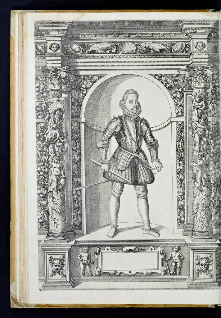 An illustration from Der aller durchleuchtigisten und grossmächtigen Kayser ... Königen und Ertzherzogen ... Fürsten wie auch Grafen, Herren vom Adel ... warhafftige Bildtnussen und kurtze Beschreibungen ihrer so wol in Fridts: als Kriegszzeiten verrichten fürnembsten Thaten und Handlungen : deren Waffen und Rüstungen ... fasst auss allen Landen der Welt ... unnd in der weytberühmbten Künstkammer ... in dem fürstlichen Schloss Ombrass, nit weyt von Inssprugg gelegen ... zu ewiger Gedächtnuss auffbehalten werden ..., 1603, leaf 143