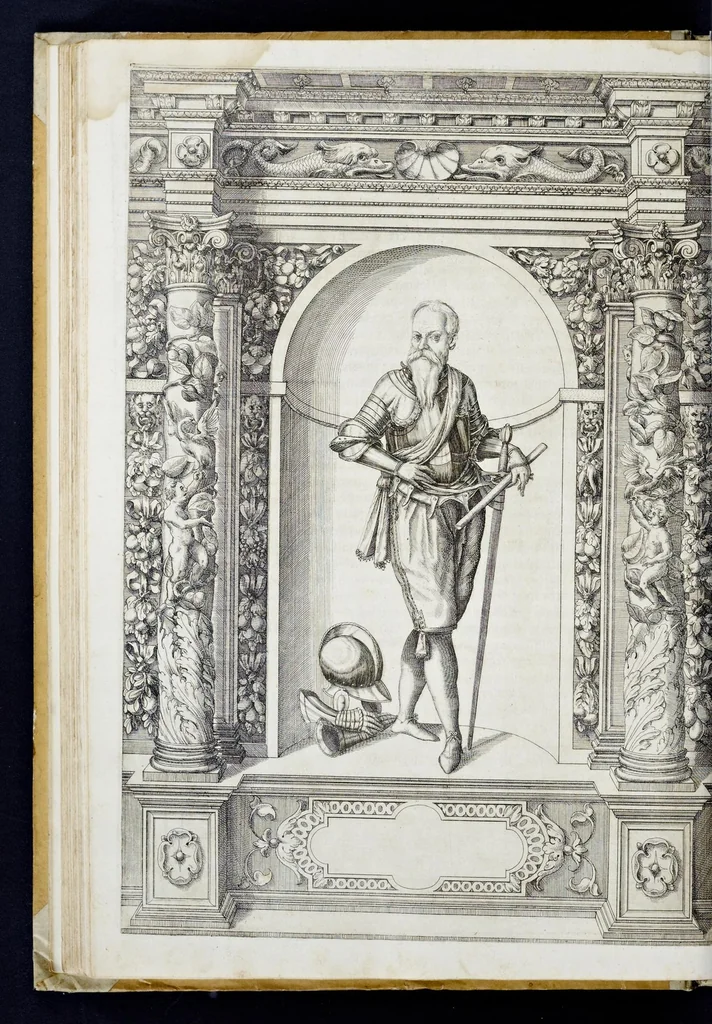 An illustration from Der aller durchleuchtigisten und grossmächtigen Kayser ... Königen und Ertzherzogen ... Fürsten wie auch Grafen, Herren vom Adel ... warhafftige Bildtnussen und kurtze Beschreibungen ihrer so wol in Fridts: als Kriegszzeiten verrichten fürnembsten Thaten und Handlungen : deren Waffen und Rüstungen ... fasst auss allen Landen der Welt ... unnd in der weytberühmbten Künstkammer ... in dem fürstlichen Schloss Ombrass, nit weyt von Inssprugg gelegen ... zu ewiger Gedächtnuss auffbehalten werden ..., 1603, leaf 147