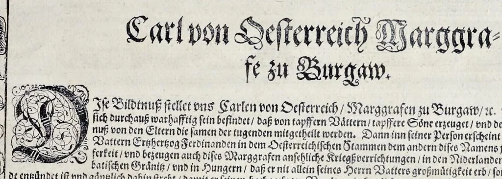 An illustration from Der aller durchleuchtigisten und grossmächtigen Kayser ... Königen und Ertzherzogen ... Fürsten wie auch Grafen, Herren vom Adel ... warhafftige Bildtnussen und kurtze Beschreibungen ihrer so wol in Fridts: als Kriegszzeiten verrichten fürnembsten Thaten und Handlungen : deren Waffen und Rüstungen ... fasst auss allen Landen der Welt ... unnd in der weytberühmbten Künstkammer ... in dem fürstlichen Schloss Ombrass, nit weyt von Inssprugg gelegen ... zu ewiger Gedächtnuss auffbehalten werden ..., 1603, leaf 152