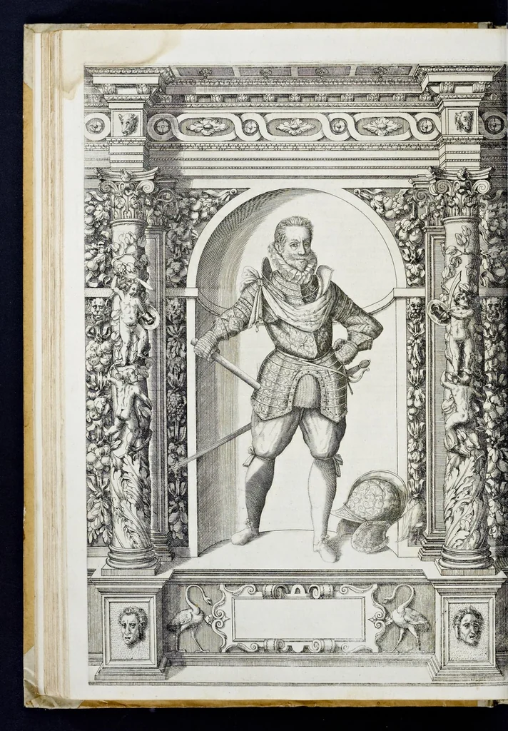 An illustration from Der aller durchleuchtigisten und grossmächtigen Kayser ... Königen und Ertzherzogen ... Fürsten wie auch Grafen, Herren vom Adel ... warhafftige Bildtnussen und kurtze Beschreibungen ihrer so wol in Fridts: als Kriegszzeiten verrichten fürnembsten Thaten und Handlungen : deren Waffen und Rüstungen ... fasst auss allen Landen der Welt ... unnd in der weytberühmbten Künstkammer ... in dem fürstlichen Schloss Ombrass, nit weyt von Inssprugg gelegen ... zu ewiger Gedächtnuss auffbehalten werden ..., 1603, leaf 155
