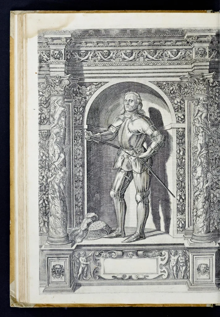 An illustration from Der aller durchleuchtigisten und grossmächtigen Kayser ... Königen und Ertzherzogen ... Fürsten wie auch Grafen, Herren vom Adel ... warhafftige Bildtnussen und kurtze Beschreibungen ihrer so wol in Fridts: als Kriegszzeiten verrichten fürnembsten Thaten und Handlungen : deren Waffen und Rüstungen ... fasst auss allen Landen der Welt ... unnd in der weytberühmbten Künstkammer ... in dem fürstlichen Schloss Ombrass, nit weyt von Inssprugg gelegen ... zu ewiger Gedächtnuss auffbehalten werden ..., 1603, leaf 161